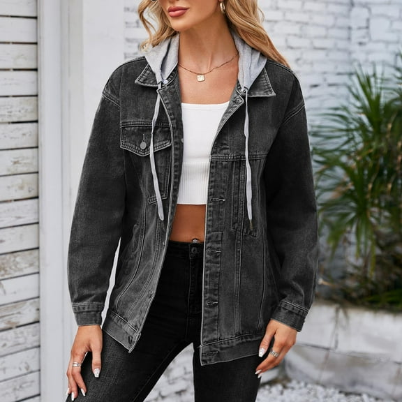 Viikei Winter Coats for Women Clearance,Women's Fashionable Solid Color Lapel Long Sleeved Hooded Denim Jacket Top Black S