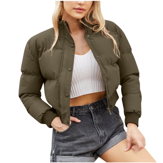 Viikei Winter Coats for Women Woman Short Long Sleeve Stand Collar Warm Casual Bread Down Jacket