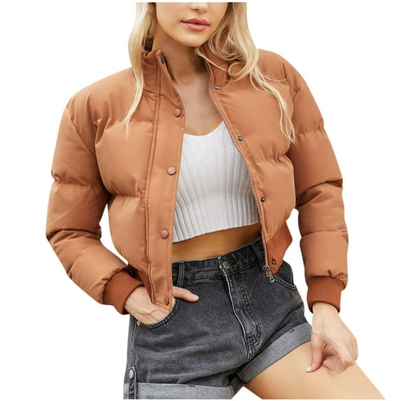 Viikei Winter Coats for Women Woman Short Long Sleeve Stand Collar Warm Casual Bread Down Jacket
