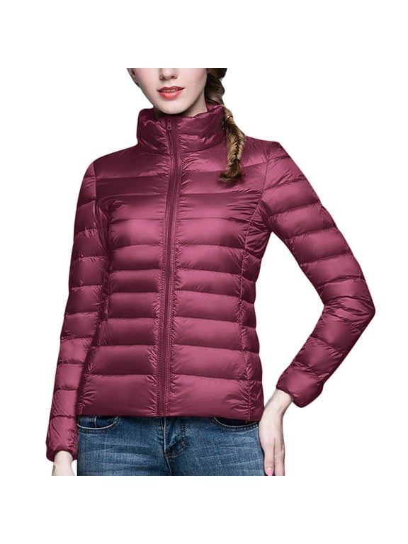 Winter Coats for Women Women's Puffer Jacket Long Sleeve Stand Collar Zip Up Quilted Lightweight Down Coat Winter with Pockets