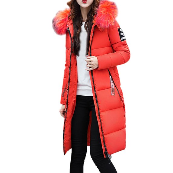 Viikei Winter Jackets Women Cotton Jacket for Women Women Plus Size Jackets and Coats Winter Warm Fashion Long Solid Slim Fur-Collar Zipper Thicker Cotton Hoodie Jacket
