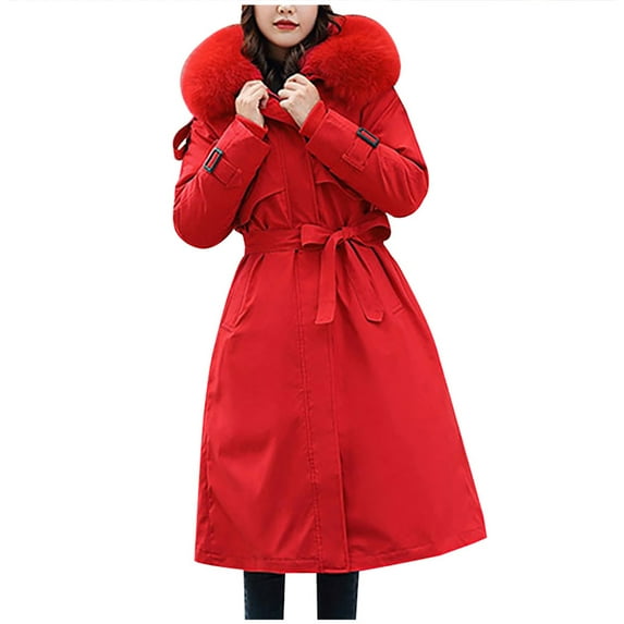 Viikei Winter Jackets Women Cotton Jacket for Women Women Plus Size Jackets and Coats Winter Warm Fashion Long Solid Slim Fur-Collar Zipper Thicker Down Jacket Coat