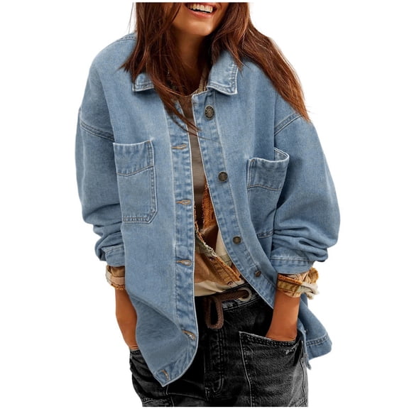 Viikei Winter Jackets Women Plus Size,Women's New Solid Color Denim Jacket Long Sleeved Retro Pocket Button Jacket Top Light Blue M