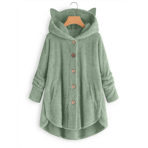 Viikei Winter Overcoats for Women,Fashion Women's Button V-Neck Pullover Tops Long Sleeve Hooded Blouse Coat Green XXL