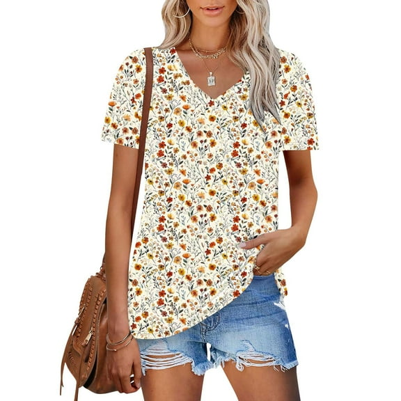 Viikei Women Blouses Summer Short Sleeve Tops,Dressy Blouses for Women,Women's New Short-sleeved V-neck Pullover Casual Printed Fashion Top Multicolor S