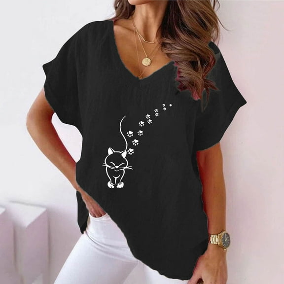 Viikei Women Blouses Summer Short Sleeve Tops,Dressy Blouses for Women,Women V-neck Print T-Shirts Fashion Comfortable Female Blouses Black M