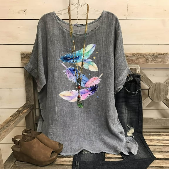 Viikei Women Blouses Summer Short Sleeve Tops,Dressy Blouses for Women,Women's Fashion Print Tees Casual Crew Neck Raglan Short Sleeve Loose T Shirt Linen Blouses Gray S