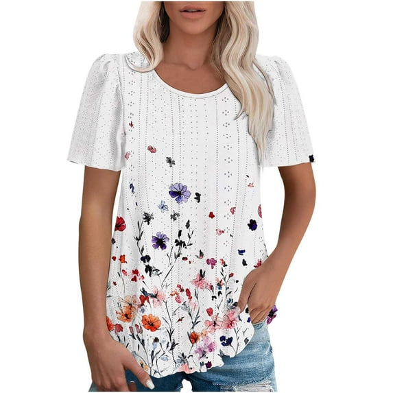 Viikei Women Blouses Summer Short Sleeve Tops,Dressy Blouses for Women,Women's Spring/Summer Printed Round Neck Sleeve Short Sleeve Top T-shirt White M