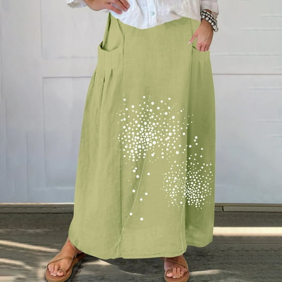Viikei Women Bohemian Floral Print Skirt,Women's Printed Elastic Waistband Pleated Pocket Skirt With Mid Calf Skirt Green M