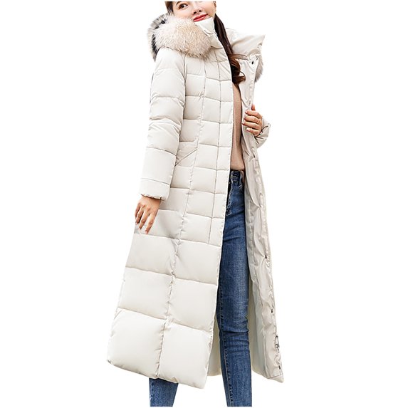 Viikei Women Coats Clearance Down Jackets for Women Cotton Coats Womens Casual Hooded Faux Plush Brim of a Hat Solid Thicker Winter Long Slim Down Jacket Coat