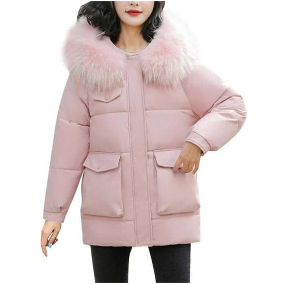 Viikei Women Coats Clearance Down Jackets for Women Cotton Coats Womens Casual Hooded Solid Faux Plush Brim of a Hat Solid Thicker Winter Slim Down Jacket Coat