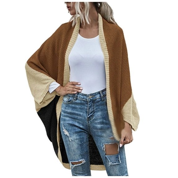 Viikei Women Coats Clearance Women Casual Knitted Sweater Color Contrast Long Sleeve Cardigan Tops