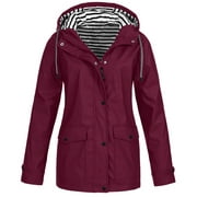 Viikei Women Coats Clearance Women Solid Rain Jacket Outdoor Plus Size Waterproof Hooded Raincoat Windproof