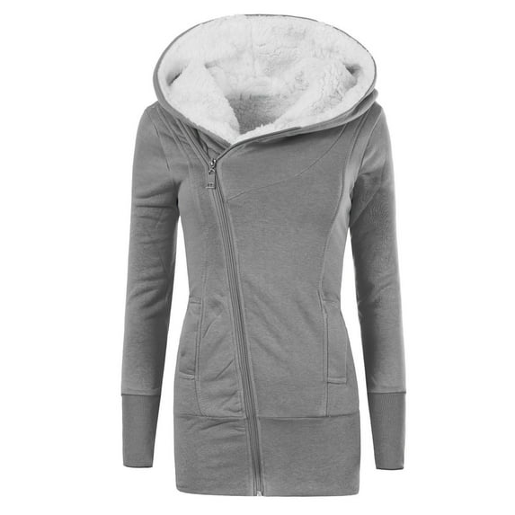 Viikei Women Coats Clearance Women's Autumn and Winter Thickened Plush Medium Long Hooded Slim Zipper Casual Sweater Coat