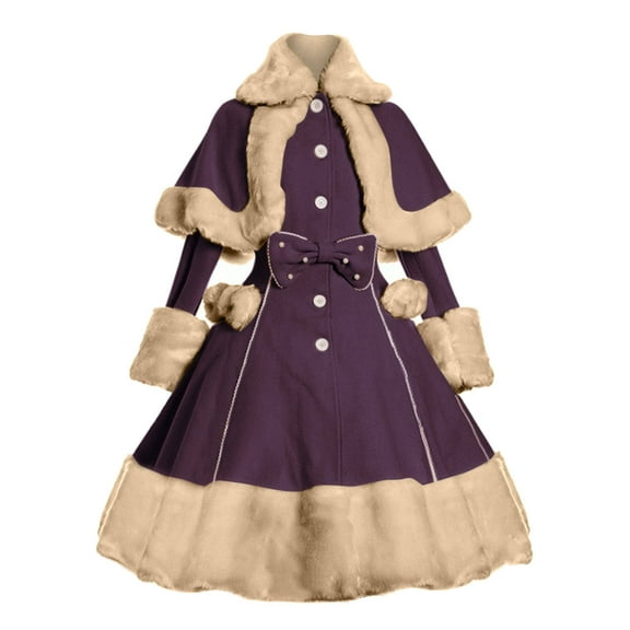 Viikei Women Coats Clearance Women's Long Sleeve Woolen Jacket Bow Cape Set Outwear Plush Stitching Coat