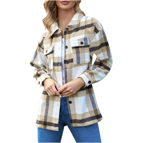 Viikei Women Coats Plus Size Women Coats Clearance Hoodie Jackets for Women Casual Plaid Long Wool Blend Coat Shacket Jackets Casual Boyfriend Flannel Shirts Pocket Cardigan Coat