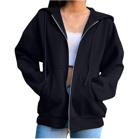 Viikei Women Coats Plus Size Women Coats Clearance Hoodie Jackets for Women Women Hooded Fleece Long Sleeve Loose Casual Zip Pockets Solid Jacket Coat