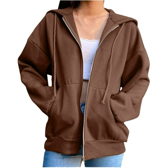Viikei Women Coats Plus Size Women Coats Clearance Hoodie Jackets for Women Women Hooded Fleece Long Sleeve Loose Casual Zip Pockets Solid Jacket Coat