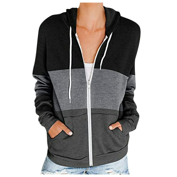 Viikei Women Coats Plus Size Women Coats Hoodie Jackets for Women Casual Color Contrast Loose Zipper Jacket Coat