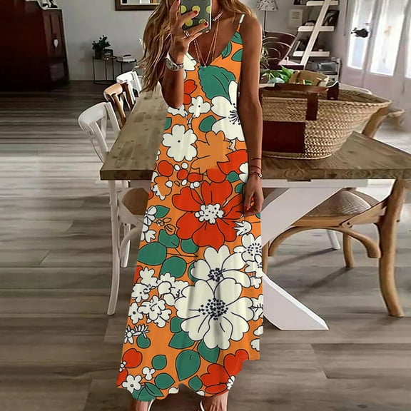Viikei Women Dress Summer Maxi Dresses,Dresses for Women Plus Size Summer,Women's Summer Fashion Ethnic Style Printed V-neck Sleeveless Strap Dress Orange L