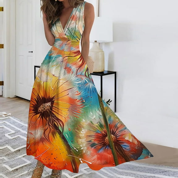 Viikei Women Dress Summer Maxi Dresses,Dresses for Women,Women's Summer Print Casual Loose Sleevless V-Neck Dress Multicolor XXL