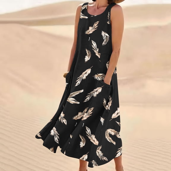 Viikei Women Dress Summer Maxi Dresses,Dresses for Women Plus Size Summer,New Women's Sleeveless and Linen Round Neck Printed Long Dress Black XXL
