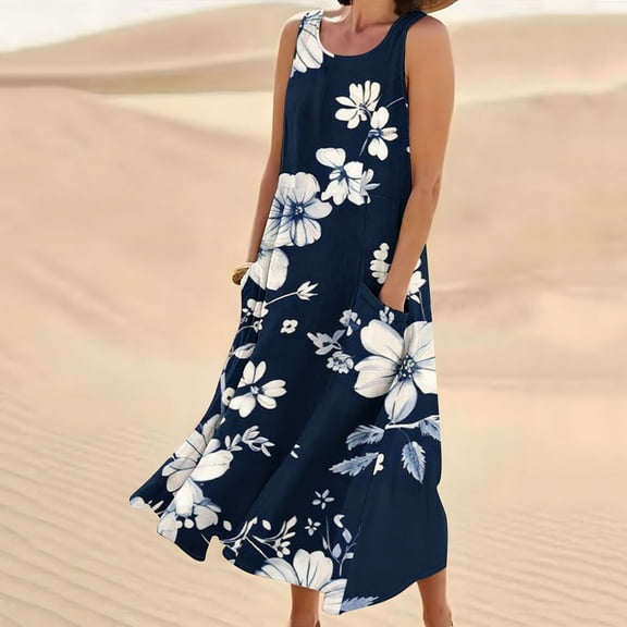Viikei Women Dress Summer Maxi Dresses,New Women's Sleeveless and Linen Round Neck Printed Long Dress Navy M