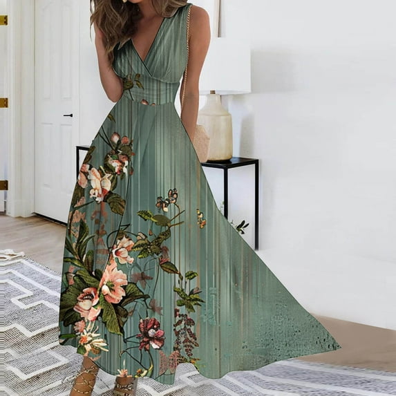 Viikei Women Dress Summer Maxi Dresses,Sun Dresses for Women Plus Size,Women's Spring/Summer Sleeveless Color V-Neck Wrapped Chest Dress Long Dress Green L