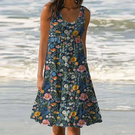 Viikei Women Dress Summer Maxi Dresses,Sun Dresses for Women Plus Size,Womens Fashion Holiday Summer Casual Printing Sleeveless Party Beach Loose Dress Navy L