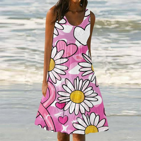 Viikei Women Dress Summer Maxi Dresses,Sun Dresses for Women Plus Size,Women's Summer Casual Loose Sleevless Crew Neck Dress Pink XXXXXL