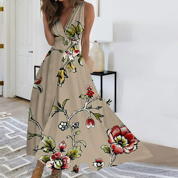 Viikei Women Dress Summer Maxi Dresses,Sun Dresses for Women Plus Size,Women's Summer Print Casual Loose Sleevless V-Neck Dress Beige XXXL