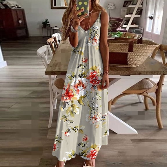 Viikei Women Dress Summer Maxi Dresses,Sun Dresses for Women Plus Size,Women's Summer Print Casual Loose Sleevless V-Neck Dress Gray M