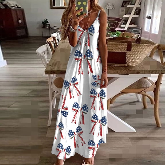 Viikei Women Dress Summer Maxi Dresses,Women's Summer Print Casual Loose Sleevless V-Neck Dress White XL