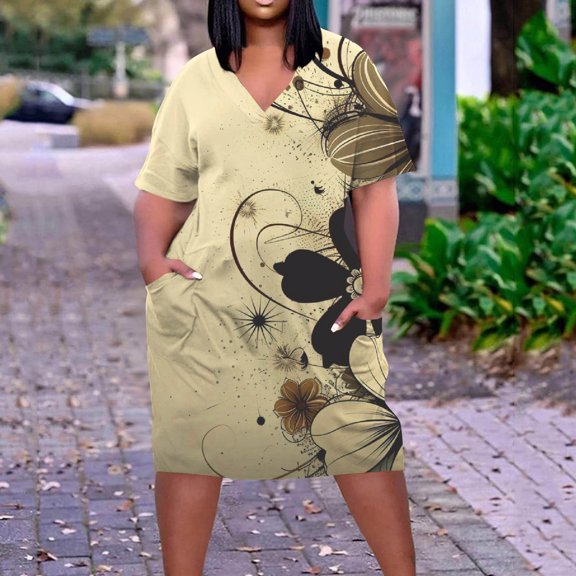 Viikei Women Plus Size Dresses Short Sleeve,Plus Size Dress for Women V Neck Summer Printing Sundresses Knee Short Sleeve with Pockets Multicolor L