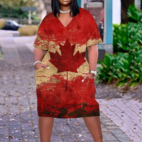 Viikei Women Plus Size Dresses Short Sleeve,Plus Size Dress for Women V Neck Summer Printing Sundresses Knee Short Sleeve with Pockets Red XXL