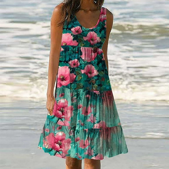 Viikei Women Plus Size Dresses Short Sleeve,Summer Dresses for Girls,Womens Fashion Holiday Summer Casual Printing Sleeveless Party Beach Loose Dress Green XXL