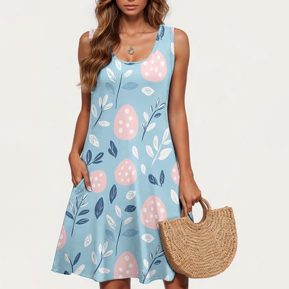 Viikei Women Plus Size Dresses Short Sleeve,Summer Dresses for Girls,Easter Ladies Casual Plus-size Sleeveless Crew Neck Short Dress Blue XXL