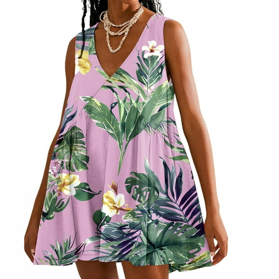 Viikei Women Plus Size Dresses Short Sleeve,Summer Dresses for Girls,Women Casual Loose Summer Print Pleated Sleeveeless V-Neck Dress with Pocket Hot Pink XXL