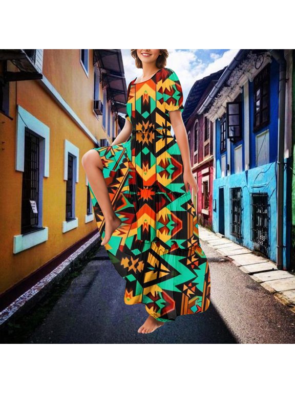 Women Plus Size Dresses Short Sleeve,Women's Ethnic Style Casual Bohemian Floral Dresses for Women Puff Short Sleeve Long Maxi Dress Multicolor L