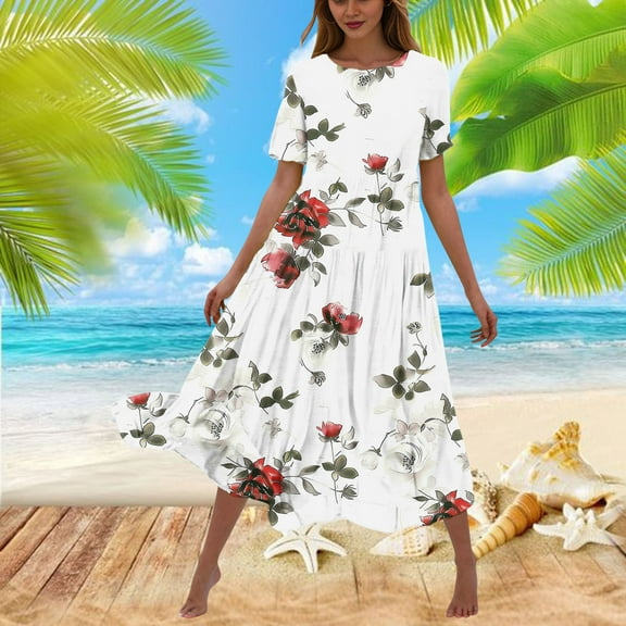 Viikei Women Plus Size Dresses Short Sleeve,Women's Flower Printing Casual Short Sleeve Crewneck Dress Casual Flowy Tiered Maxi Beach Dress White S
