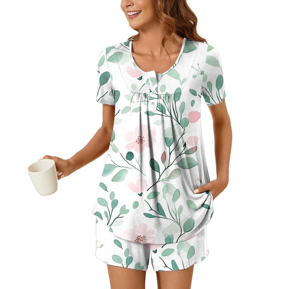 Viikei Women Plus Size Pajamas Set,Women Casual Round Neck Short Sleeve Blouse Fashion Pants Pajamas Suit White S