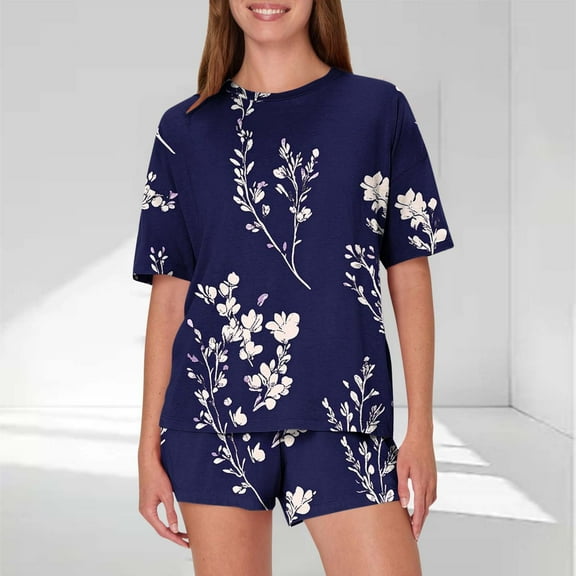 Viikei Women Plus Size Pajamas Set,Women's Casual Loose Printing Round Neck Short Sleeved Shorts Pajamas Suit Dark Blue S