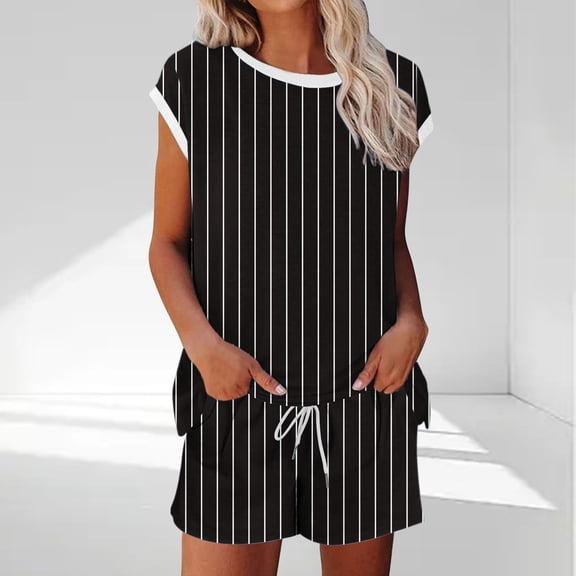 Viikei Women Plus Size Pajamas Set,Women's Fashionable Casual Print Home Short Sleeved Round Neck Pajama with Pants Home Set Black M