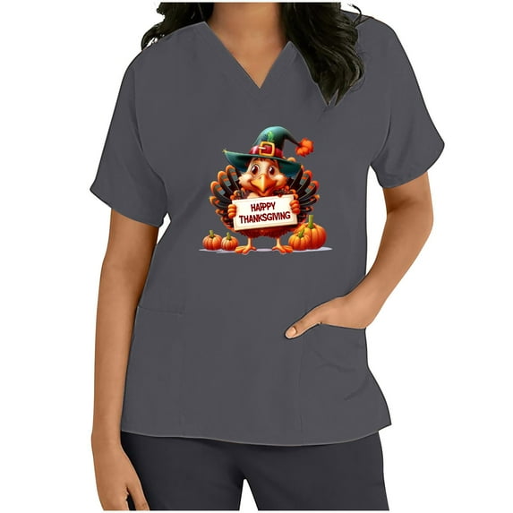 Viikei Women Tops Summer T-Shirts Short Sleeve,Blouse for Women Plus Size,Women Short Sleeve V-neck Working Uniform Thanksgiving Print with Pockets Blouse Protective Clothing Gray XL