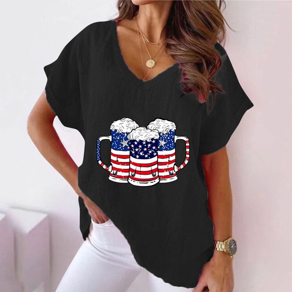 Viikei Women Tops Summer T-Shirts Short Sleeve,Blouse for Women Plus Size,Women V-neck Print T-Shirts Fashion Comfortable Female Blouses Black S