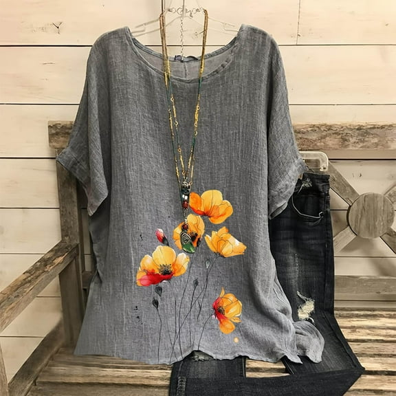 Viikei Women Tops Summer T-Shirts Short Sleeve,Plus Size Tops for Women Dressy,Women's Fashion Print Tees Casual Crew Neck Raglan Short Sleeve Loose T Shirt Linen Blouses Gray XL