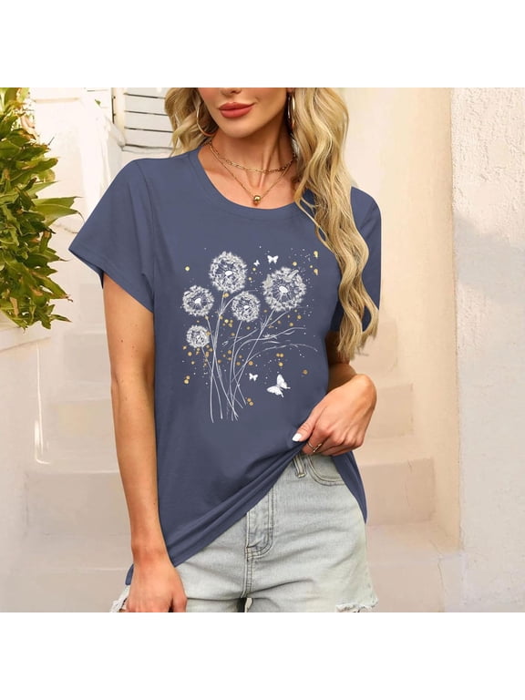 Women Tops Summer T-Shirts,Womens Tops Blouses Summer Tunic Tops Short Sleeve Solid Color Loose Round Neck Tees Shirts Dark Blue L