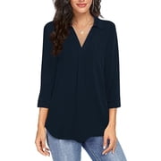 Viikei Womens 3/4 Sleeve V Neck Casual Top,Fashion Women V-Neck Three Quarter 3/4Sleeve T-Shirt Solid Blouse Navy S