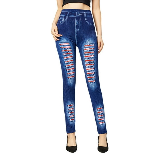 Viikei Women's Active Fit Mid Rise Leggings,Women's Fashion Elastic Imitation Denim Print Leggings with Yoga Sport Elastic Pants Dark Blue L