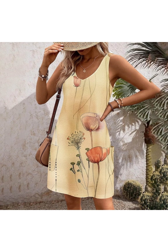 Women's Beach Sleeveless Dress,Women's Casual with Pockets Summer Floral Print Dress V-Neck Mini Dresses Yellow S